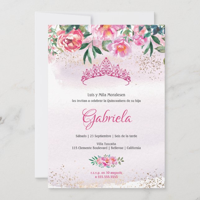 Elegant Pink Princess Tiara Quinceanera Invitation (Front)