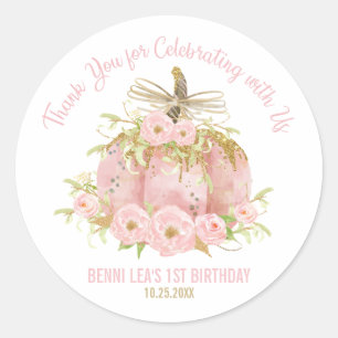Elegant Pink Pumpkin 1st Birthday Favour Thank You Classic Round Sticker