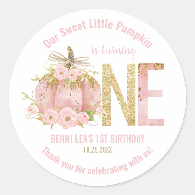 Elegant Pink Pumpkin 1st Birthday Favour Thank You Classic Round Sticker (Front)