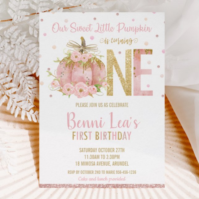 Elegant Pink Pumpkin 1st Birthday One Girl Invitation (sweet-pink-pumpkin-rose-gold-blush-pink-floral-1st-first-birthday-party-one-invitation-cards-digital)