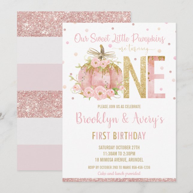 Elegant Pink Pumpkin 1st Birthday One Twin Girls Invitation (Front/Back)