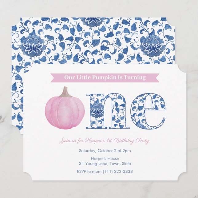 Elegant Pink Pumpkin Baby Girl 1st Birthday Party Invitation (Front/Back)