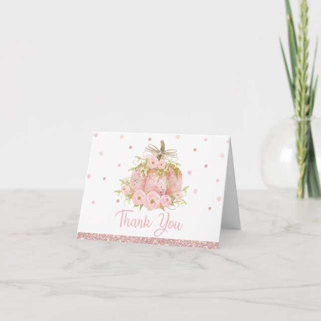 Elegant Pink Pumpkin Baby Shower Birthday Girl Thank You Card (Front)