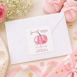 Elegant Pink Pumpkin Girl Baby Shower Square Sticker