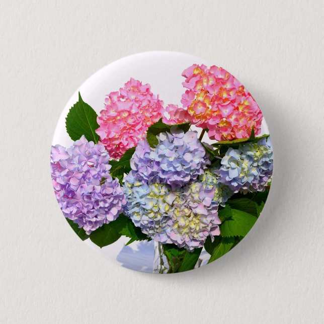 Elegant pink purple blue floral hydrangea bouquet  6 cm round badge (Front)