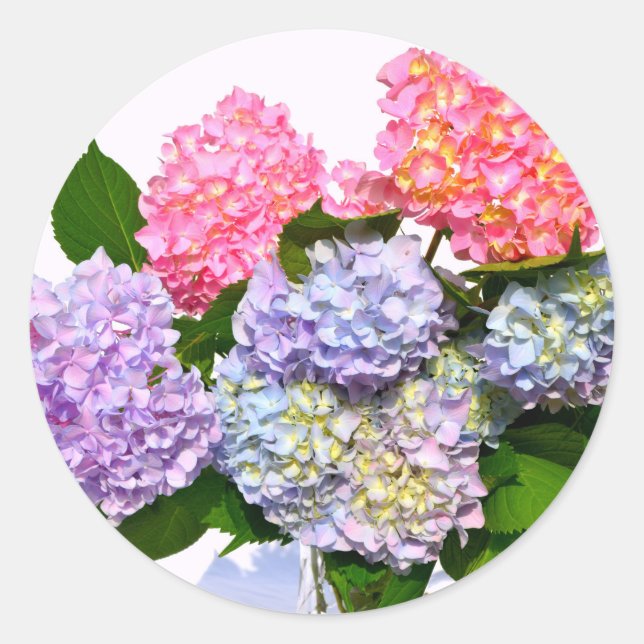 Elegant pink purple blue floral hydrangea bouquet classic round sticker (Front)