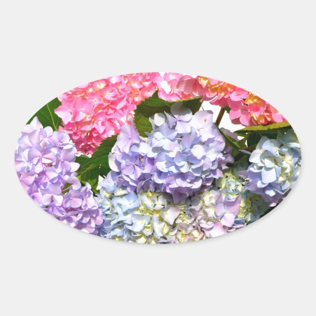 Elegant pink purple blue floral hydrangea bouquet oval sticker (Front)