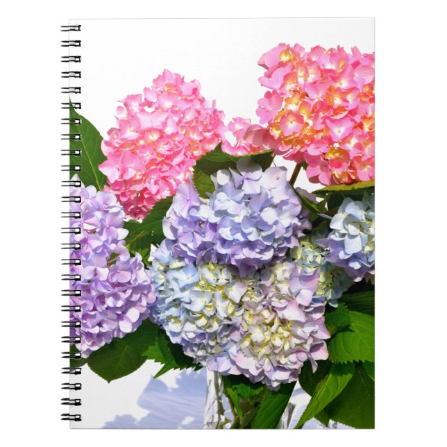 Elegant pink purple blue floral hydrangea bouquet  spiral notebook (Front)