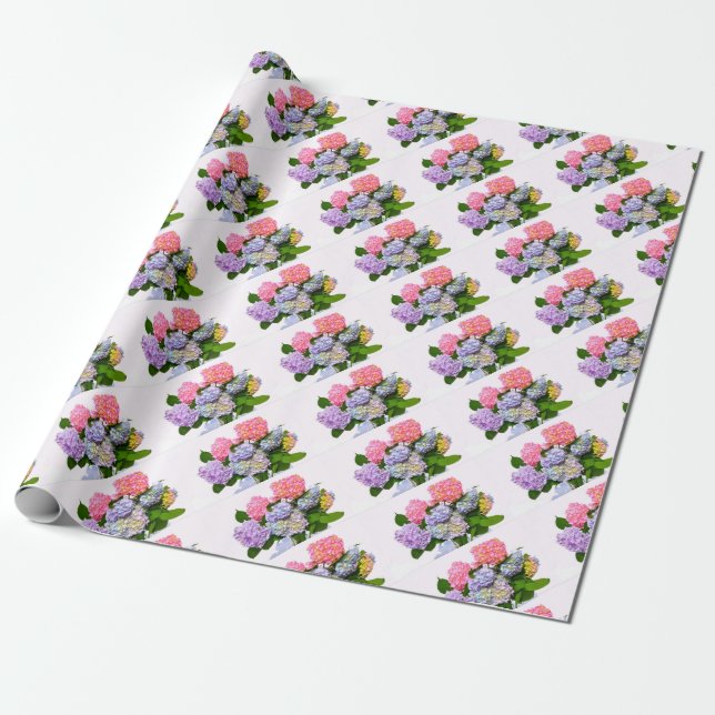 Elegant pink purple blue floral hydrangea bouquet wrapping paper (Unrolled)