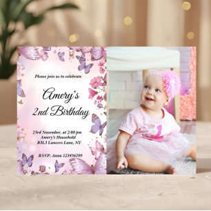 Elegant Pink Purple Butterfly Birthday Photo Invitation
