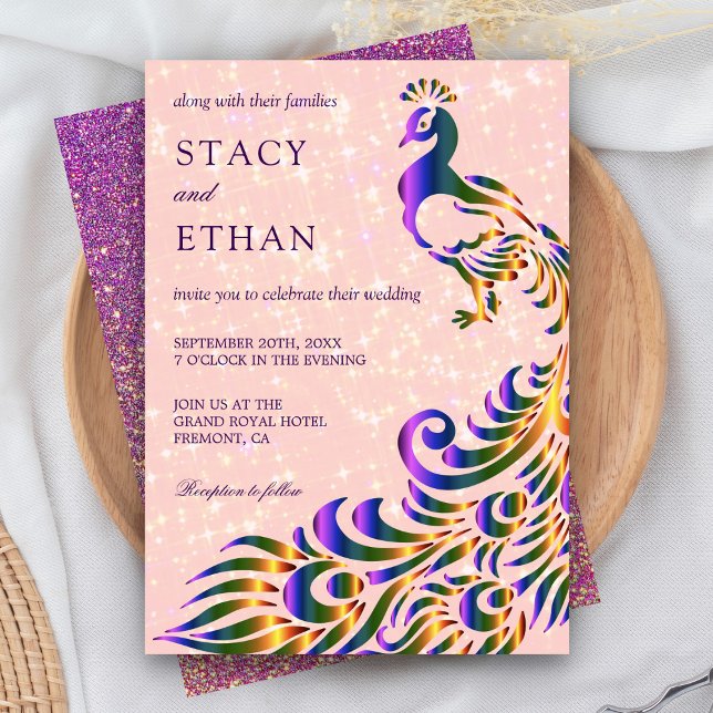 Elegant Pink Purple Faux Glitter Peacock Wedding Invitation (Creator Uploaded)