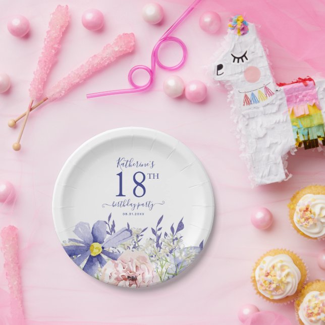 Elegant Pink Purple Floral 18th Birthday Party Paper Plate (Party)