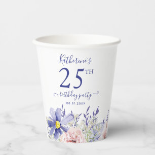 Elegant Pink Purple Floral 25th Birthday Party Paper Cups