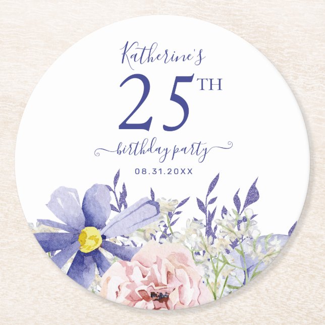 Elegant Pink Purple Floral 25th Birthday Party Round Paper Coaster (Front)