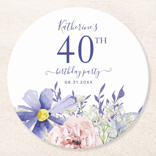 Elegant Pink Purple Floral 40th Birthday Party Round Paper Coaster (Front)