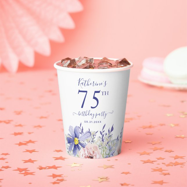 Elegant Pink Purple Floral 75th Birthday Party Paper Cups (Insitu)