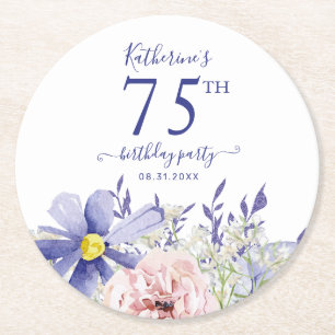 Elegant Pink Purple Floral 75th Birthday Party Round Paper Coaster