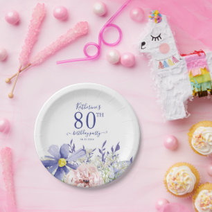 Elegant Pink Purple Floral 80th Birthday Party Paper Plate