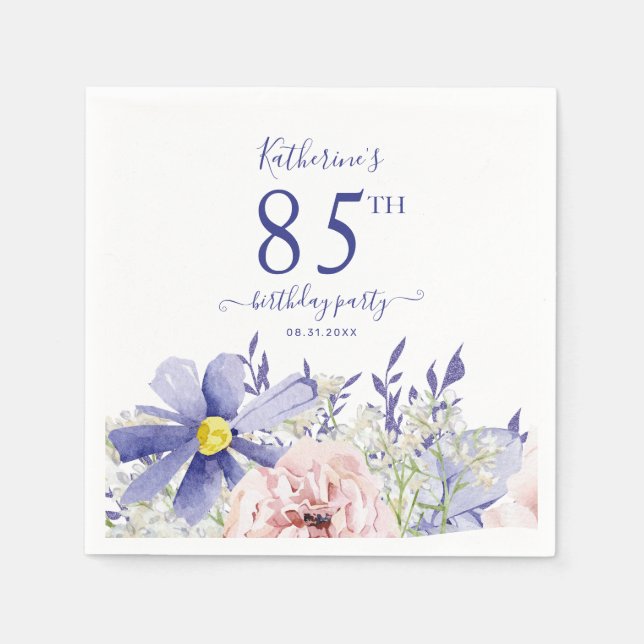 Elegant Pink Purple Floral 85th Birthday Party Napkin (Front)
