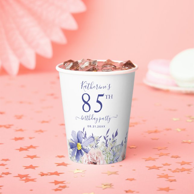 Elegant Pink Purple Floral 85th Birthday Party Paper Cups (Insitu)