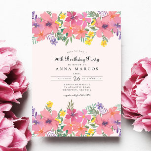 Elegant Pink Purple Floral 90th Birthday Party Invitation