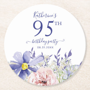 Elegant Pink Purple Floral 95th Birthday Party Round Paper Coaster