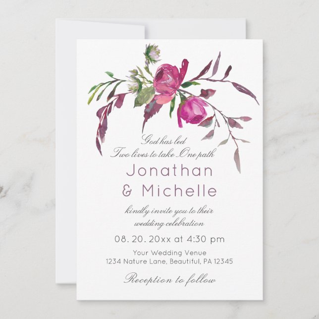Elegant Pink Purple Floral Christian Wedding Invitation (Front)