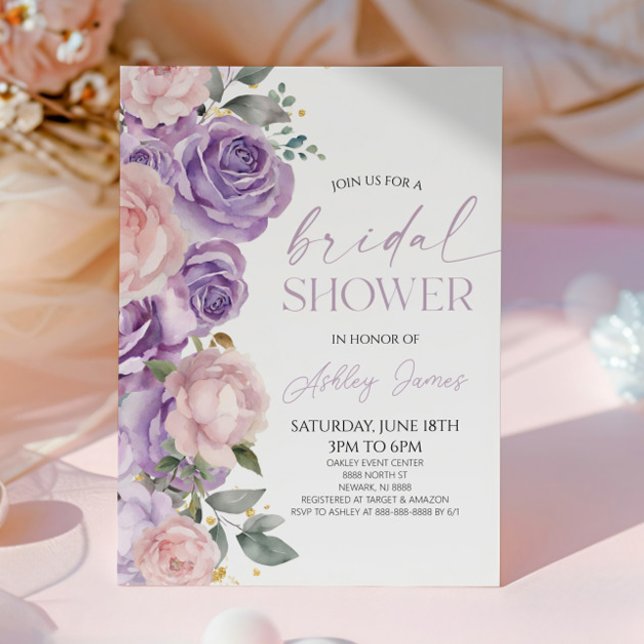 Elegant Pink Purple Floral Flowers Bridal Shower Invitation (Creator Uploaded)