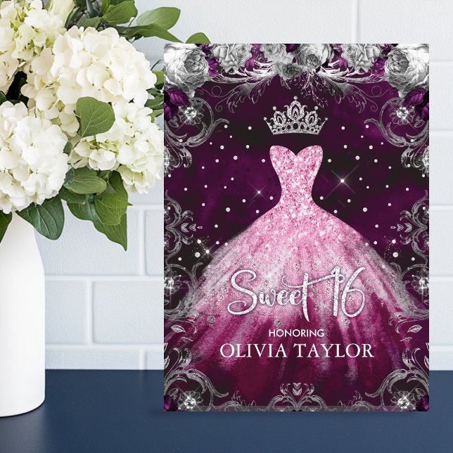 Elegant pink purple floral glitter gown sweet 16 invitation (Creator Uploaded)