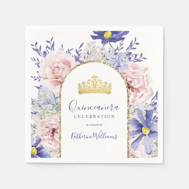 Elegant Pink Purple Floral Gold Crown Quinceañera  Napkin (Front)