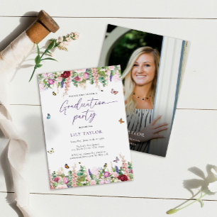 Elegant Pink Purple Floral Photo Graduation Party Invitation