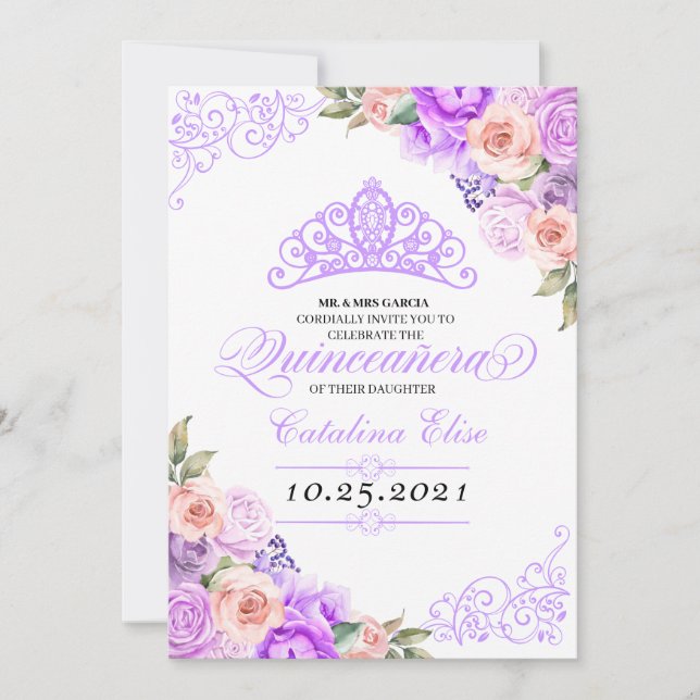 Elegant Pink & Purple Floral Quinceanera Birthday Invitation (Front)