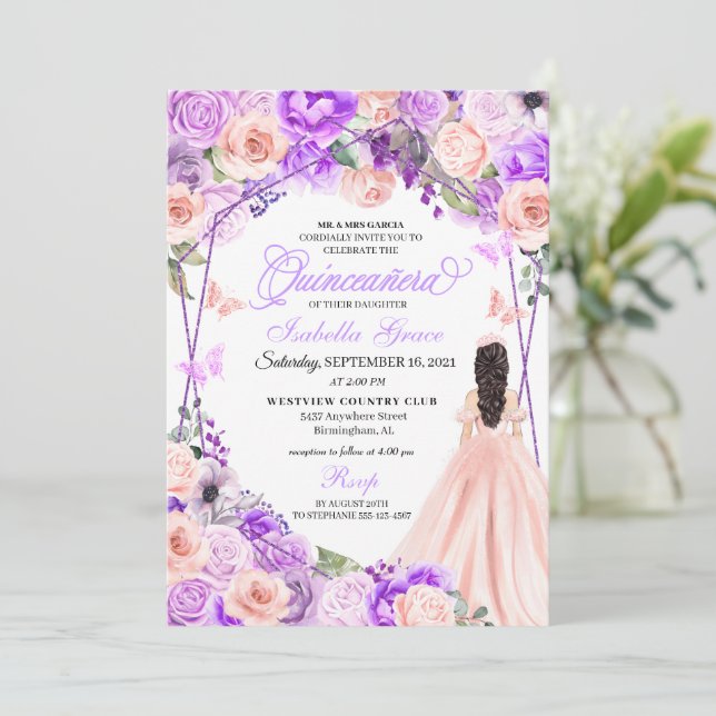 Elegant Pink & Purple Floral Quinceanera Invitatio Invitation (Standing Front)