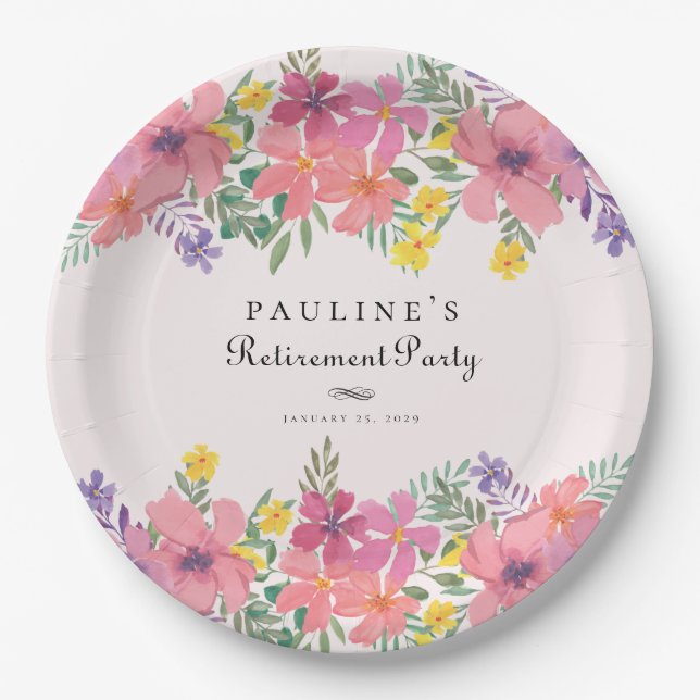 Elegant Pink Purple Floral Retirement Party Paper Plate (Front)