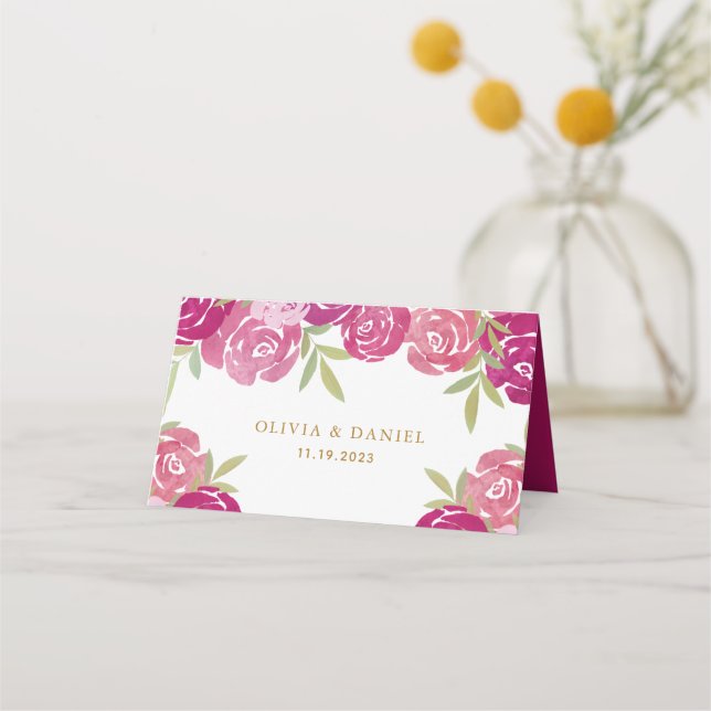Elegant Pink & Purple Floral Roses Leaves Wedding  Place Card (Front)
