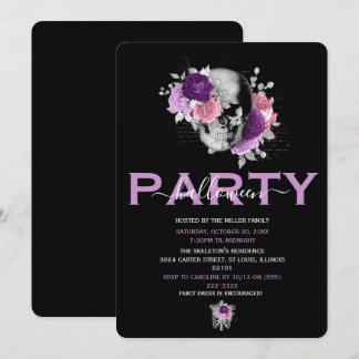 Elegant Pink & Purple Floral Skull Halloween Party Invitation