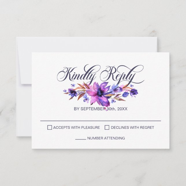 Elegant Pink Purple Floral Wedding RSVP Card (Front)
