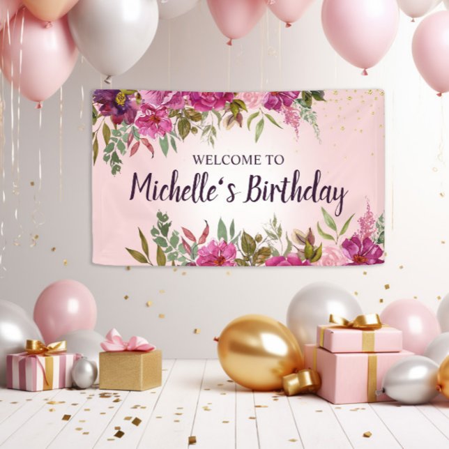 Elegant Pink Purple Floral Women's Girls' Birthday Banner (Elegant pink watercolor floral birthday banner)