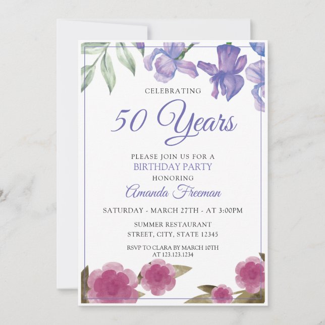 Elegant Pink & Purple Flowers Mother Birthday Invitation (Front)