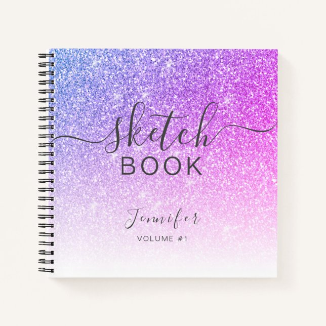 Elegant Pink Purple Glitter Sketchbook Name Script Notebook (Front)