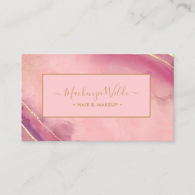 Elegant Pink Purple Gold Glitter Marble Agate Chic Business Card (Front)