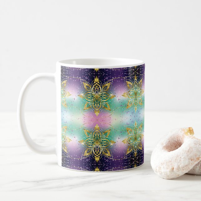Elegant Pink purple green holiday Snowflakes stars Coffee Mug (With Donut)