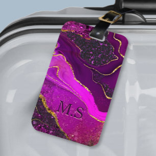 Elegant pink purple marble art faux gold glitter n luggage tag