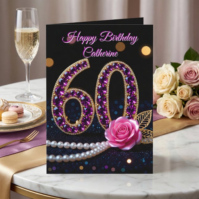Elegant Pink Purple Rose Amethyst 60th Birthday Card (Creator Uploaded)