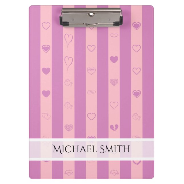 Elegant Pink Purple Stripes Modern Heart Pattern Clipboard (Front)