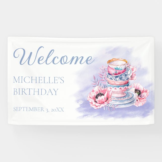 Elegant Pink Purple Tea Party Birthday Welcome Banner (Horizontal)