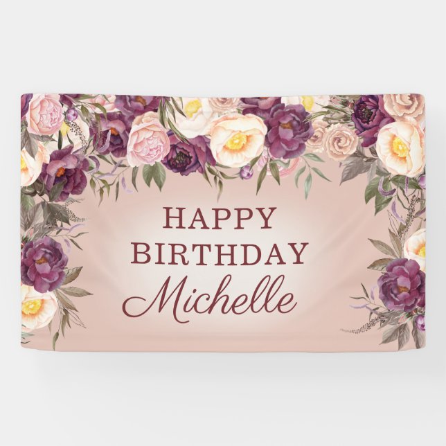 Elegant Pink Purple Vintage Peonies Happy Birthday Banner (Horizontal)