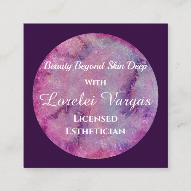 Elegant Pink Purple Watercolor Aesthetician & QR Square Business Card (Front)