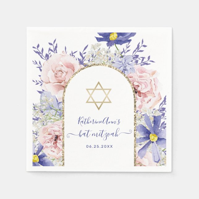 Elegant Pink Purple Watercolor Floral Bat Mitzvah Napkin (Front)