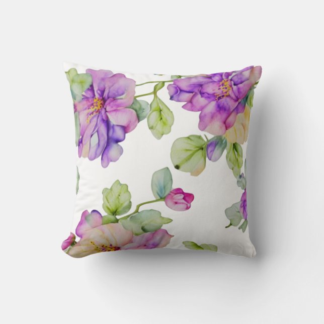 Elegant pink purple watercolor floral cushion (Front)